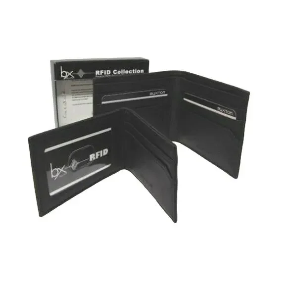 NEW Mens RFID Block BIFOLD WALLET + Removable PASSCASE Buxton Black Faux Leather