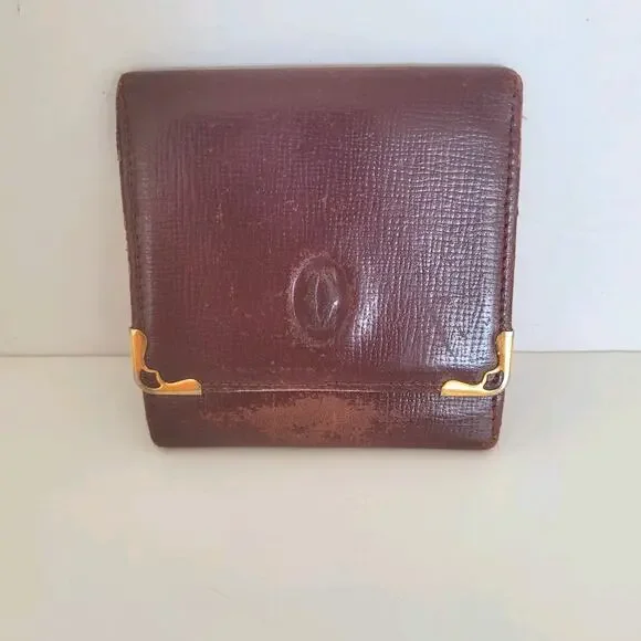 Cartier Vintage Mini Coin Holder Wallet Bordeaux Leather Small Red Burgundy