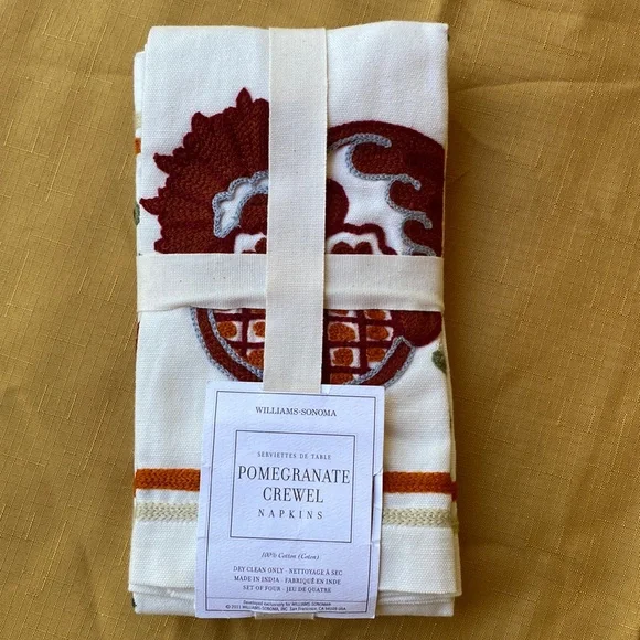Williams-Sonoma Pomegranate Crewel Napkins Set NWT