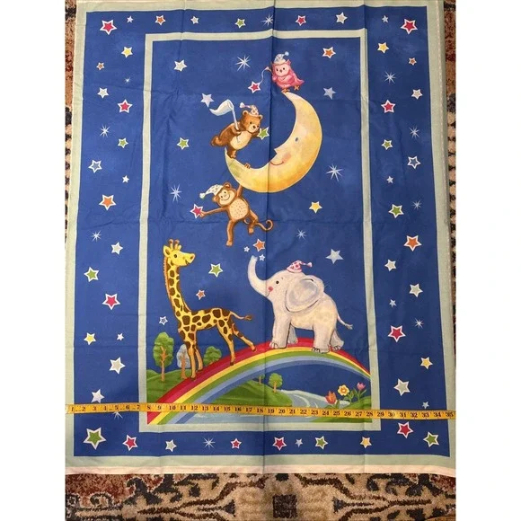 Vintage Style 2 Animal Rainbow Celestial Cotton‎ Quilt Panel Blue 35x44 Nursery