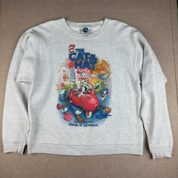 Vintage Cat in the Hat Sweatshirt Unisex M‎ Gray Universal Studios Seuss Landing
