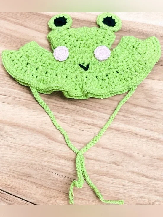 Handmade Crochet Green Frog Hat for Small Cats, Dogs