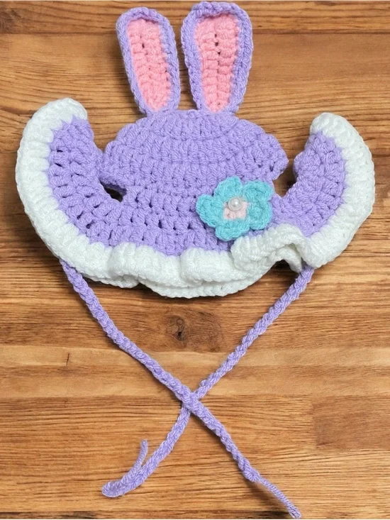 Handmade Crochet Purple Bunny Hat for Small Cats, Dogs