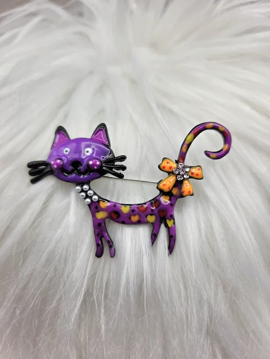 Whimsical Purple Cat Brooch with Orange Polka-Dot Bow, NWOT