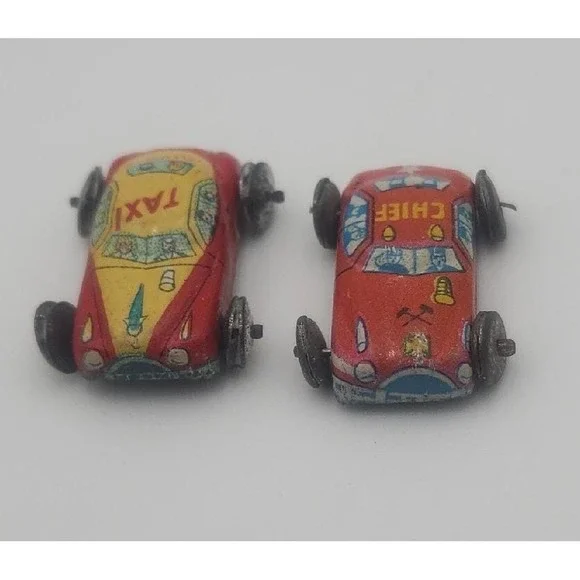 Vintage‎ miniature doll house tin toy cars - Taxi & Police Chief