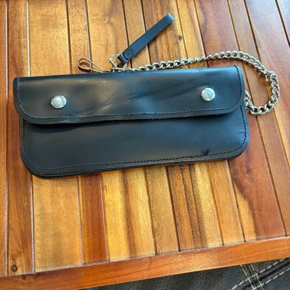 Black Leather Wallet with Silver Chain