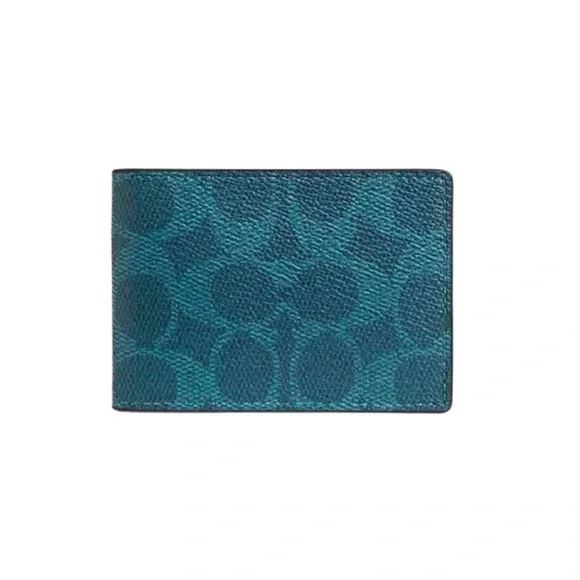 Coach Compact Billfold Wallet in Aquamarine Signature Canvas & Calf Leather