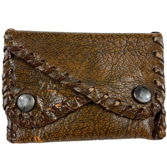 Vintage Handmade Leather Two Compartment Mini Small Pocket Wallet Snap Close VTG