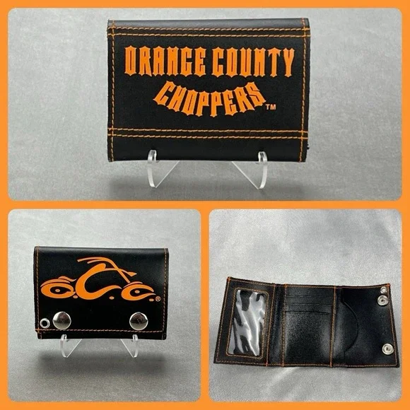 Vintage Orange County Choppers Black Orange Leather TriFold Wallet No Chain Y2K
