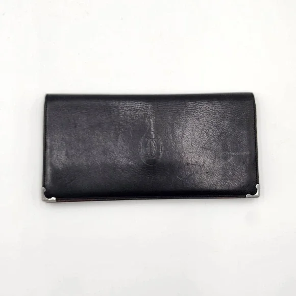 Authentic Vintage Cartier Paris Long Wallet Black Leather Burgundy Interior