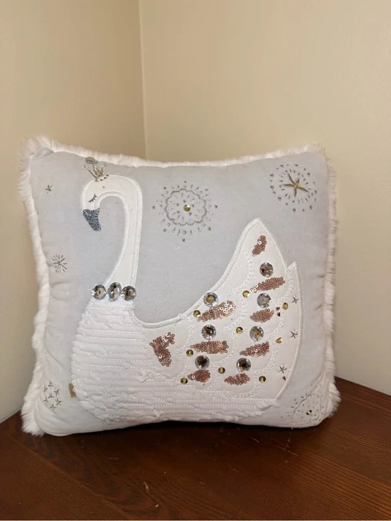 Pottery Barn Kids White and Gray Swan Holiday Pillow