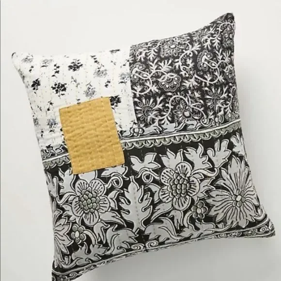 Anthropologie Throw Pillow Patchwork Black Yellow
