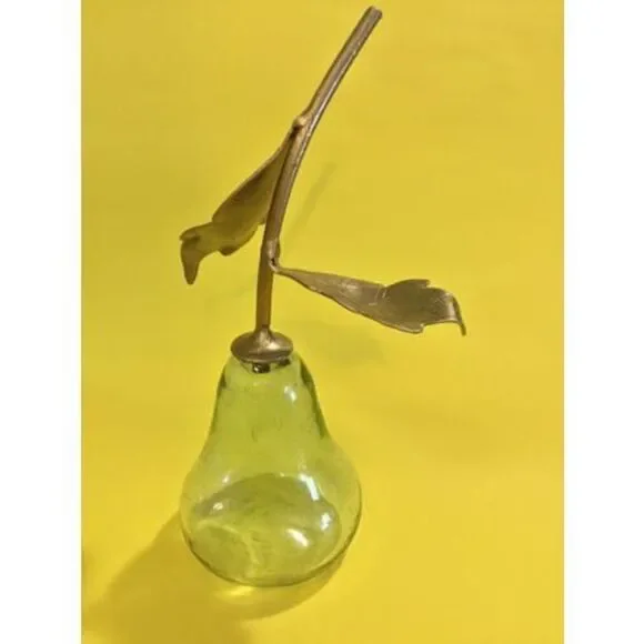 Vintage‎ Large Hand Blown Clear Art Glass Pear With Gold Metal Leaves