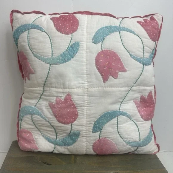 Vintage Tulip Quilt Block Handmade Pillow Pink White Green 15x15x4