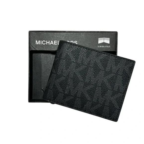 Michael‎ Kors Mens Slim Billfold Wallet Black Signature Monogram Logo NIB