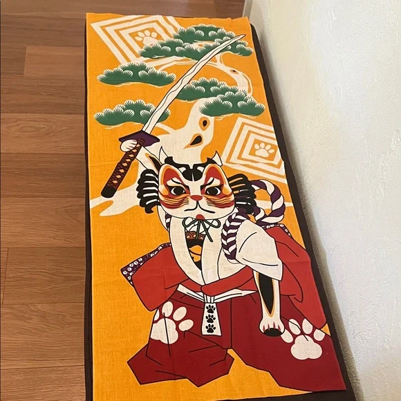 # 0893*35 L X 15W” Unframed Samurai Cat Tapestry/Vibrant Orange & Red Cat Lovers