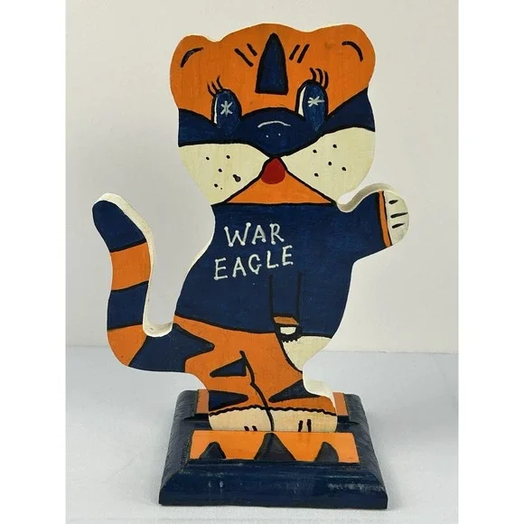 Vintage Auburn Tigers War Eagle Wooden Cat Figurine Handmade Folk Art