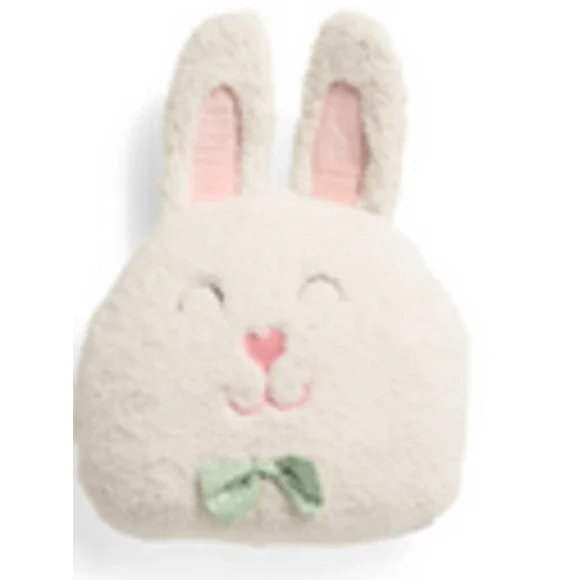 Bunny‎ Plush Pillow Cream Embroidered Face Green Bow Easter Spring Soft Decor