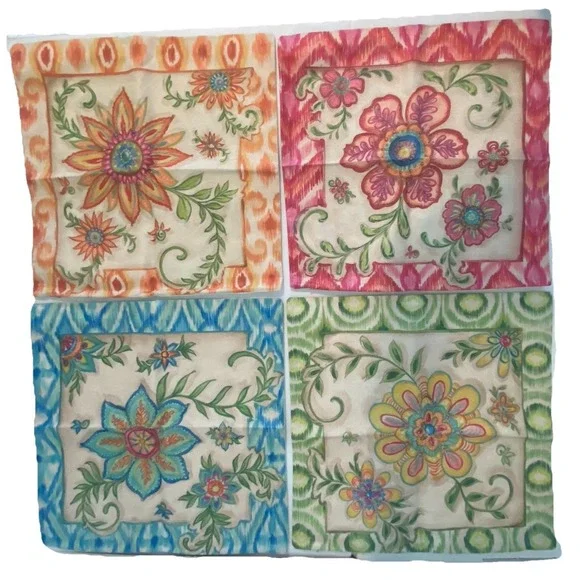 4-Pack Linen Pillow Covers 17x17 Boho Ikat Floral Rustic Zipper Case