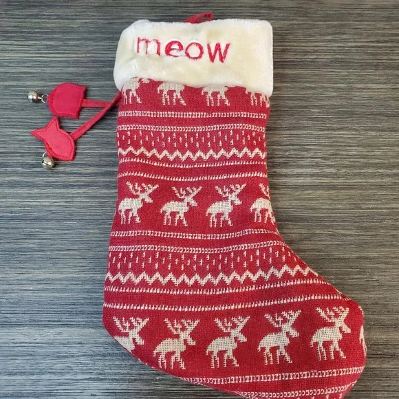 MEOW Kitty Cat Red Christmas Pet Stocking With Moose Reindeer And Fabric Charms