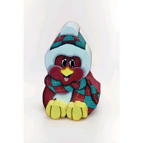 Folk Art Style Hand Painted Wood Shelf Sitter Christmas Cardinal Scarf‎ Decor