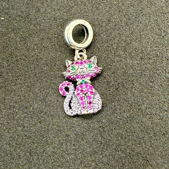 Sterling Silver Pink Crystal Cat Dangle Charm