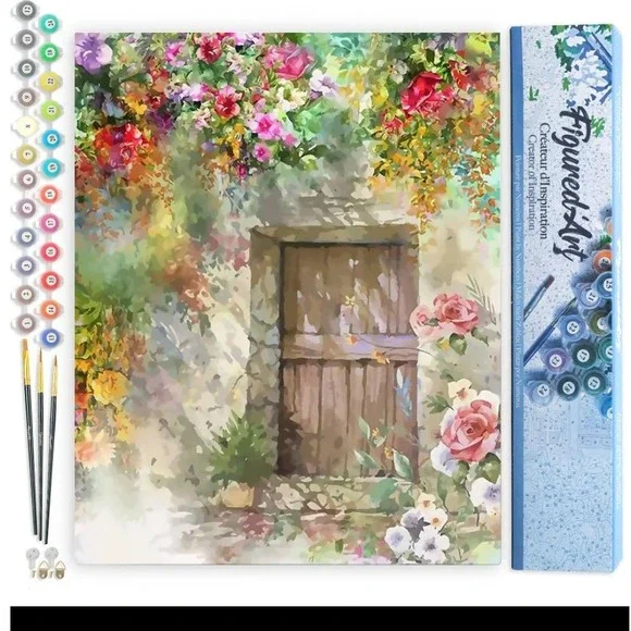 Figured'Art Paint by Numbers Kit Floral Garden Door Acrylic Canvas 16x20