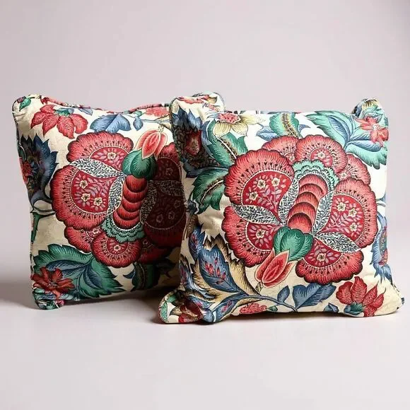 2 Vintage Waverly Floral Multicolor 16” Farmhouse Decor Accent Throw Pillows Set