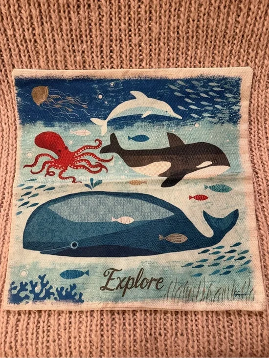 Ocean Creatures Cotton Pillow Case Cover - Blue Whale & Orca Design