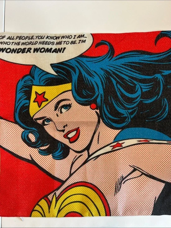 Wonder Woman Pop Art Natural Woven Pillow Case - Red, Blue, Yellow