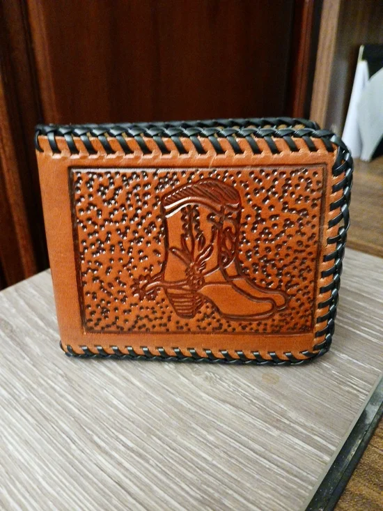 Tooled Leather Bifold Wallet with Western Boot Design - Brown & Black