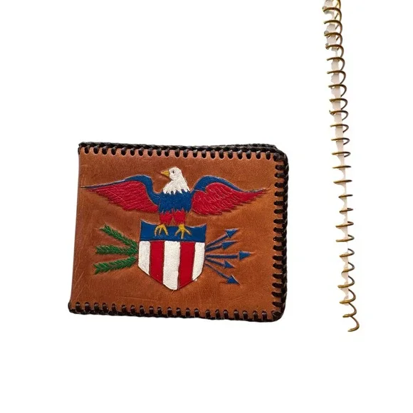Hand Tooled Leather‎ Bifold Wallet American Eagle Shield Whipstitch Tan Brown