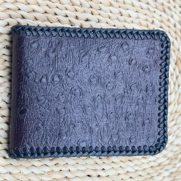 Genuine‎ Ostrich Skin Leather Bifold Men's Handmade Burgundy Black Trim