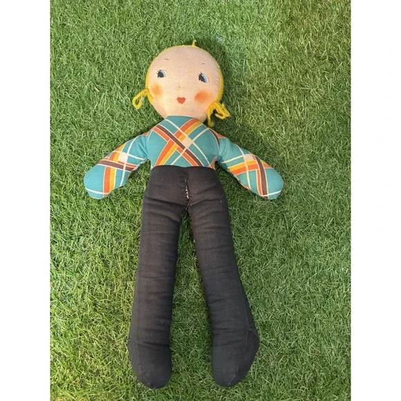Vintage Handmade Cloth Rag Doll Blonde Hair‎ Plaid Shirt