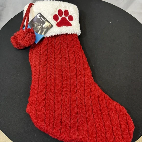 The Humane Society Red& White Paw Print Cable Knit Christmas Stocking 18