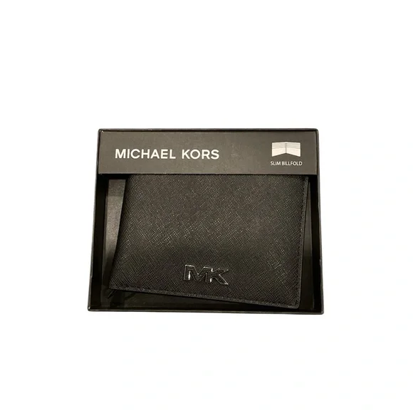 Michael Kors Mens Slim Billfold Wallet Black Saffiano Leather Silver MK Logo New