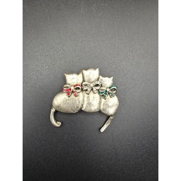 VTG Silvertone Pewter Cat Kitty Trio w Bows Brooch Articulated Tail Pin Crystals