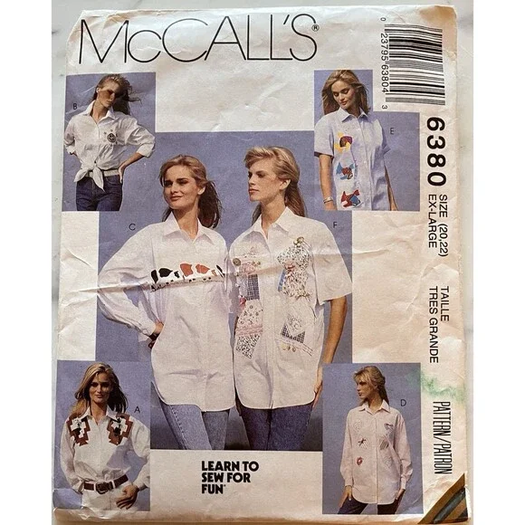 Vintage McCall's Pattern 6380 Women's Short & Long Sleeve Shirts‎ Size XL 20-22
