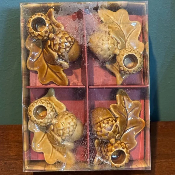Williams-Sonoma Fall Oak and Acorn on Leaf Taper Candle Holders - Dijon & Brown