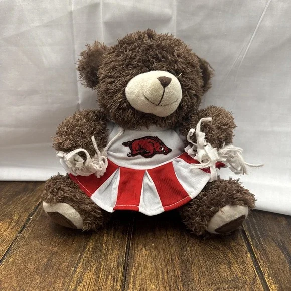 Arkansas Razorbacks Cheerleader Bear Plush Pom Poms White Red Outfit