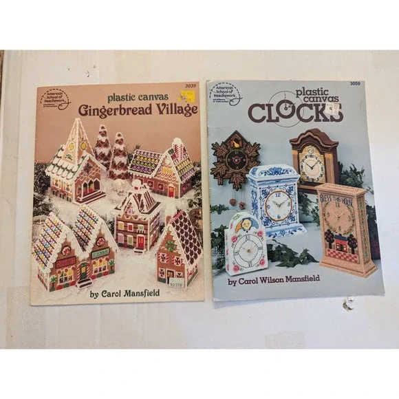Vtg Plastic Canvas Craft Patterns Gingerbread Village‎ & Clocks Carol Mansfield
