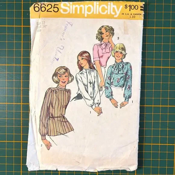 Vtg 70s Simplicity Pattern 6625 Size 12 Bust 34 Misses Blouse & Scarf Shirt Cut