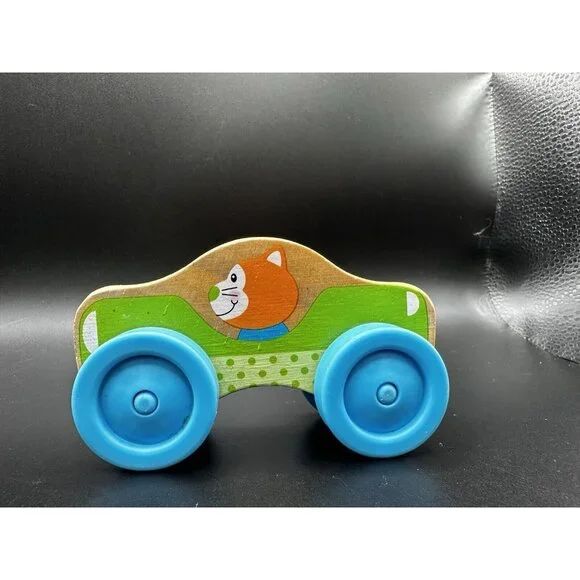Melissa and Doug Stackable Car Wooden Toy orange‎ cat driver blue wheels 4”