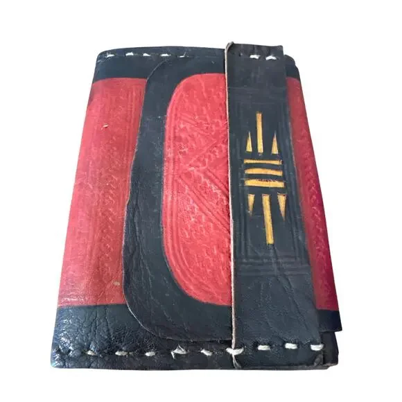 Handmade, leather, embossed, dyed stitched wallet unique red