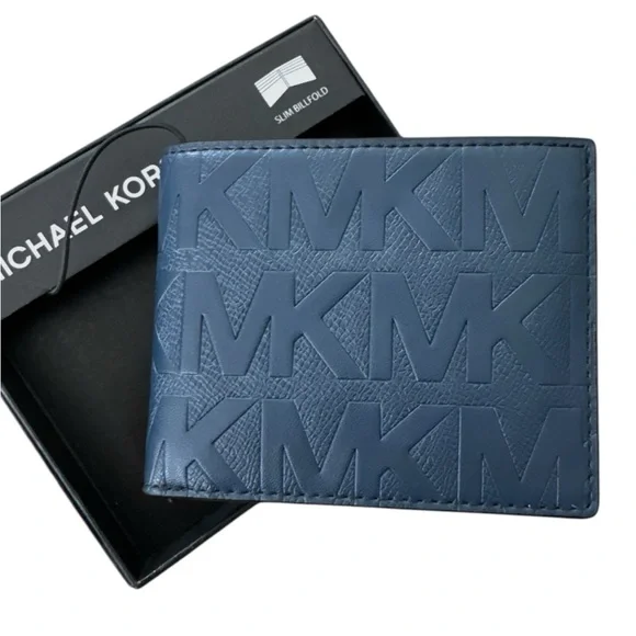 Michael Kors Embossed Logo Patterned BiFold Wallet Blue Marine