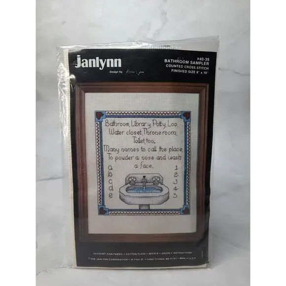 Vintage Janlynn Counted Cross Stitch Kit Bathroom Sampler 40-39 8x10
