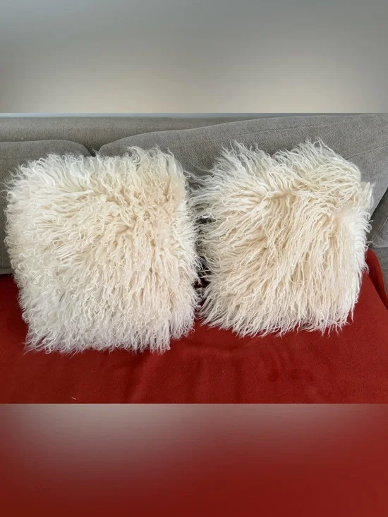 2 Pier 1 Mongolian Fur Throw Pillows ivory with inserts