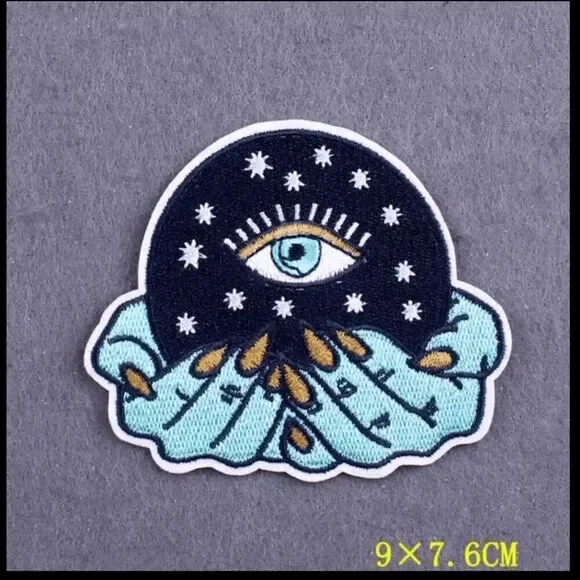 NWOT Blue Hands Holding a Crystal Ball with Eyeball Iron On Applique Patch - 3