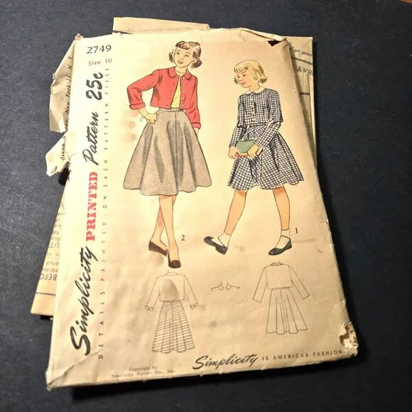 Simplicity 2749 sewing pattern Girls bolero skirt Size 10 vintage 40s CUT