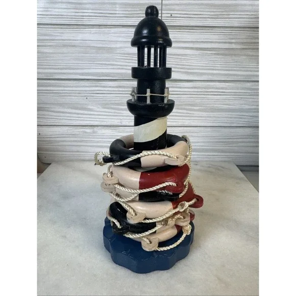 Vintage Sailaway Wood Lighthouse Caddy With 6 Napkins Rings